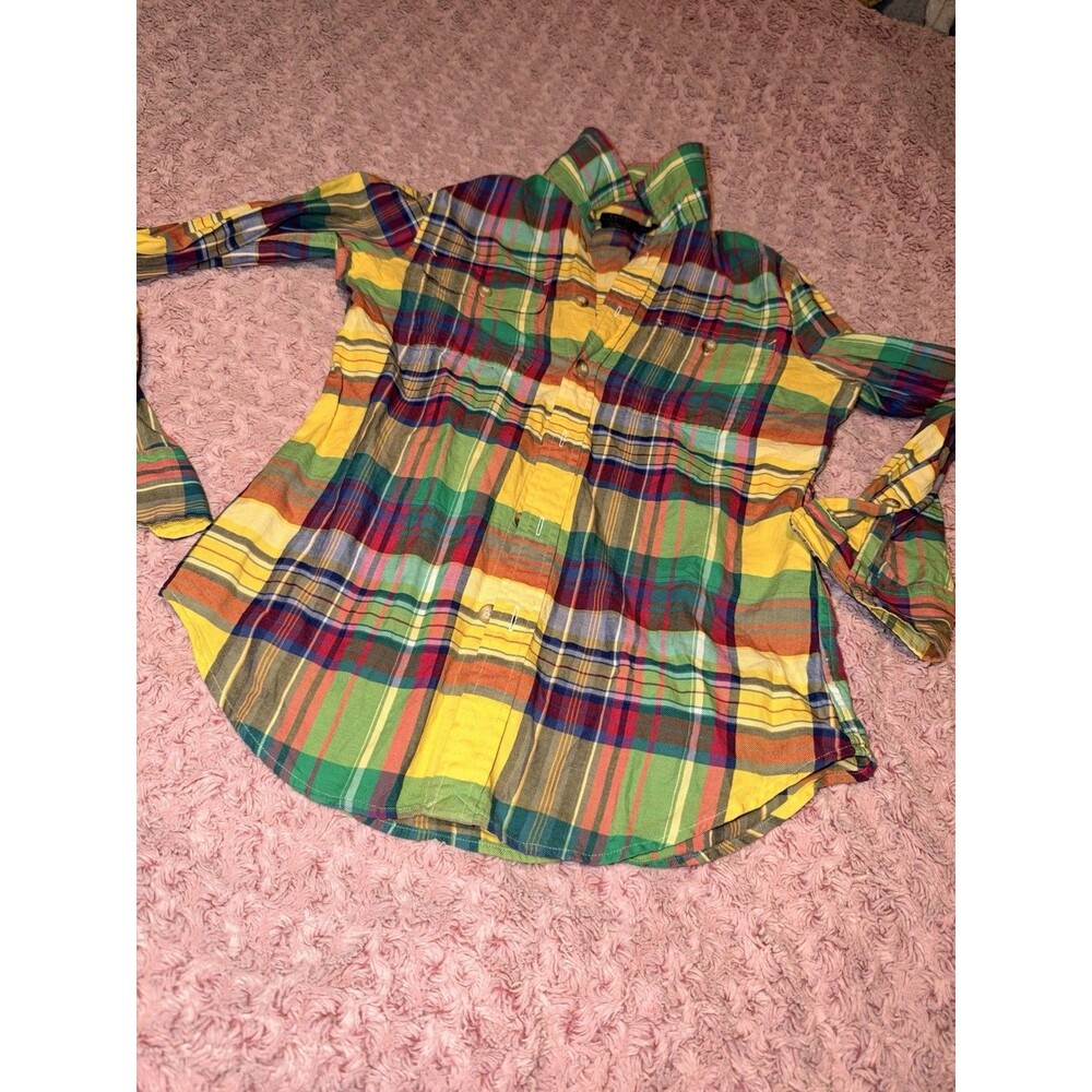 Polo Ralph Lauren Shirt Womens Custom Fit Yellow Plaid Button Down Top Color